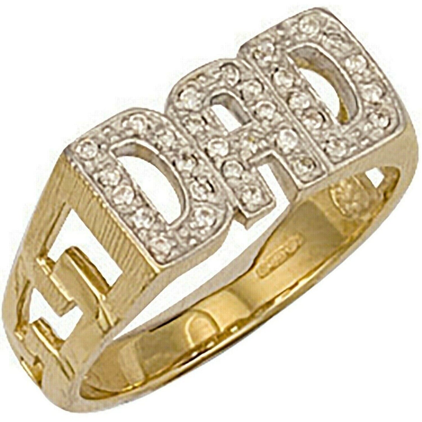 9ct Yellow Gold DAD Ring ID Sides Gemstones Fully Hallmarked
