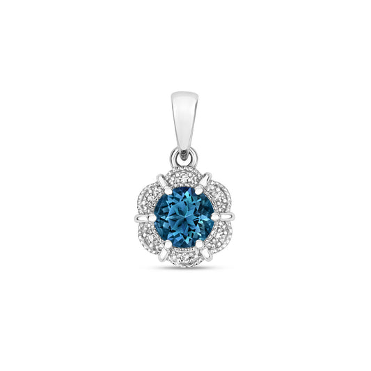 London Blue Topaz and Diamond Flower Pendant 9ct White Gold Necklace Hallmarked