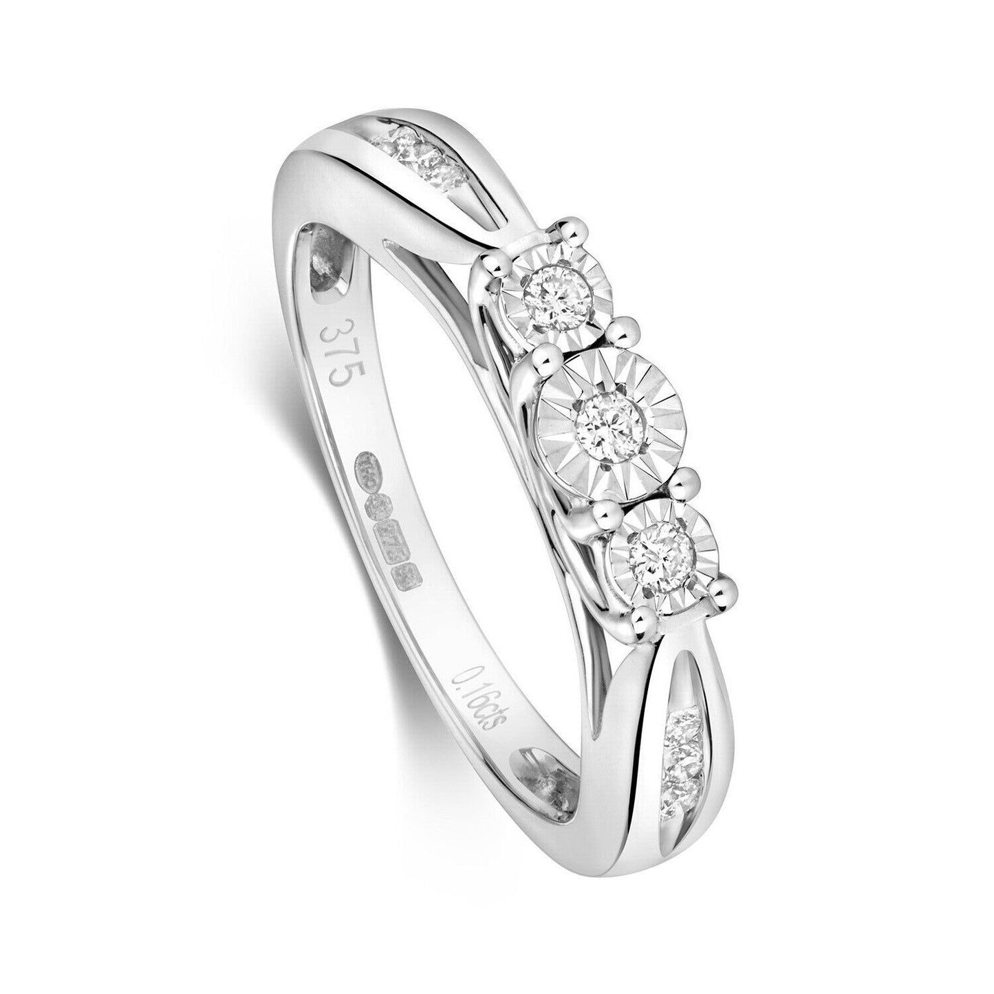Real Diamond Three Stone Ring 9ct White Gold Trilogy Size J K L M N O P Q