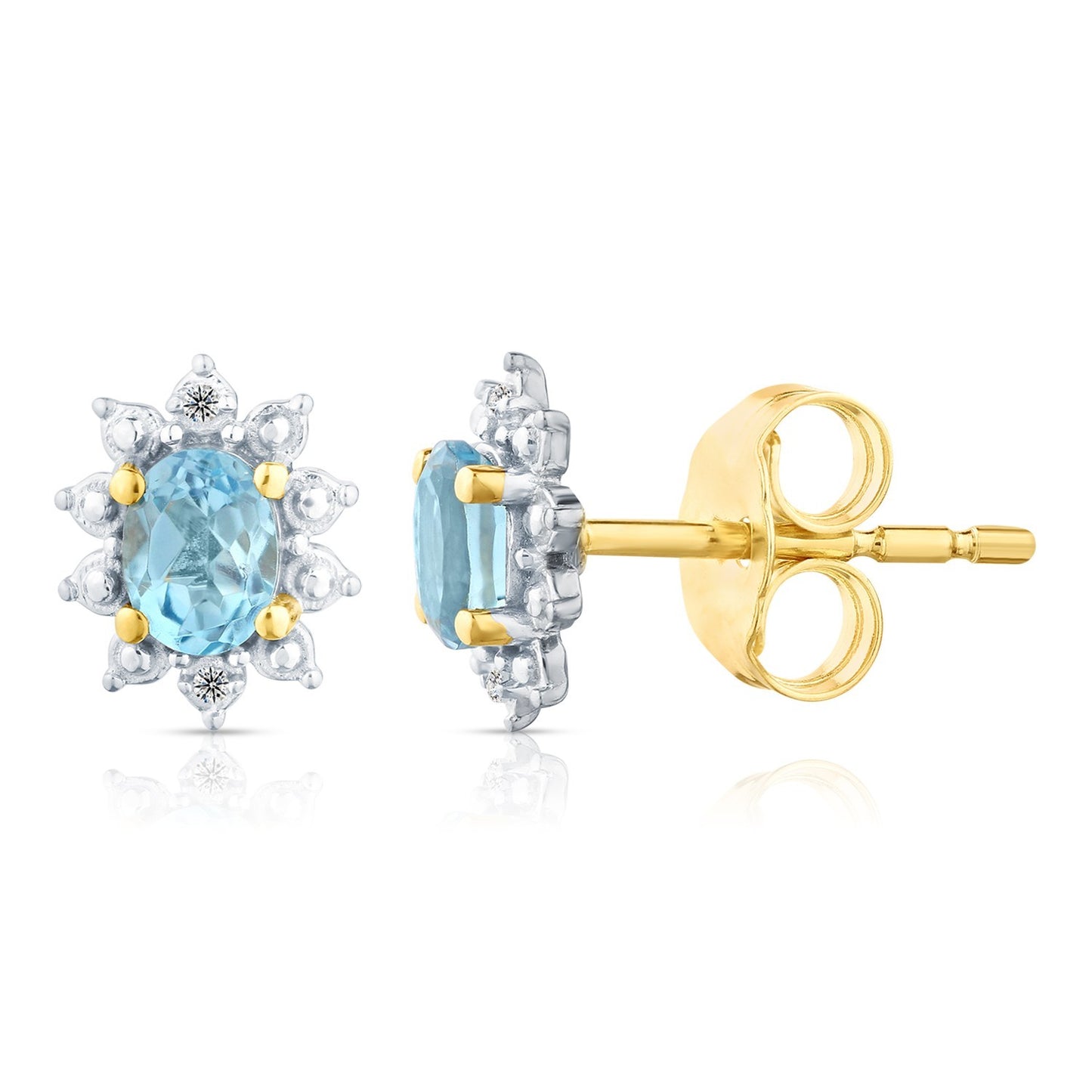 Natural Blue Topaz & Diamond Halo Stud Earrings 9ct Yellow Gold 375