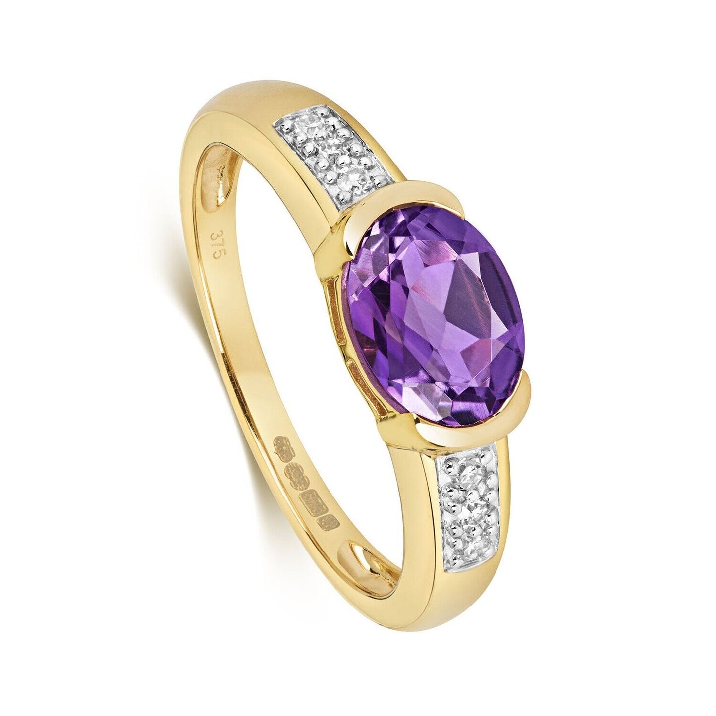 Real Amethyst and Diamond Ring Solid Yellow Gold Solitaire Smooth Set Size J - Q