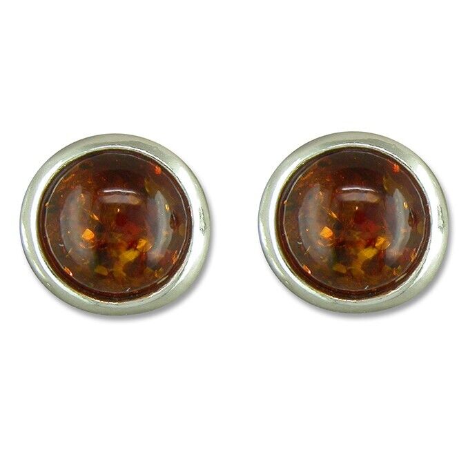 Cognac Amber Round Stud Earrings 8mm Solid Sterling Silver 925