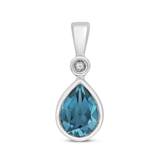 London Blue Topaz and Diamond Pear Teardrop Pendant 9ct White Gold Real Stones