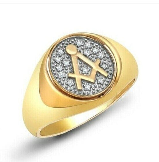 Gents Real Diamond Masonic Ring 9ct Yellow Gold Oval Signet Hallmarked