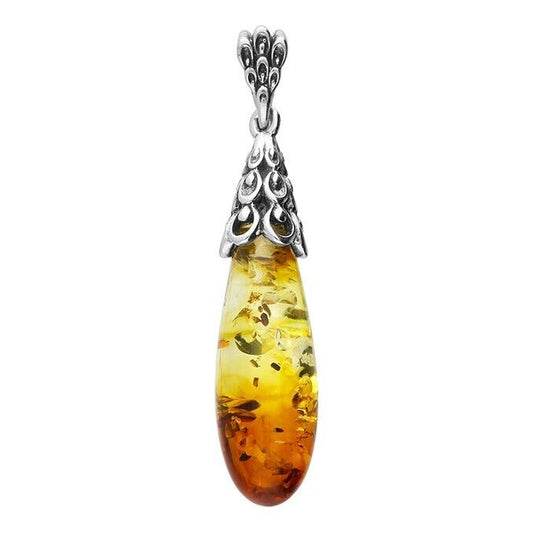 Ombre Amber Elongated Drop Pendant Fancy Bale and Top Chain Sterling Silver 925