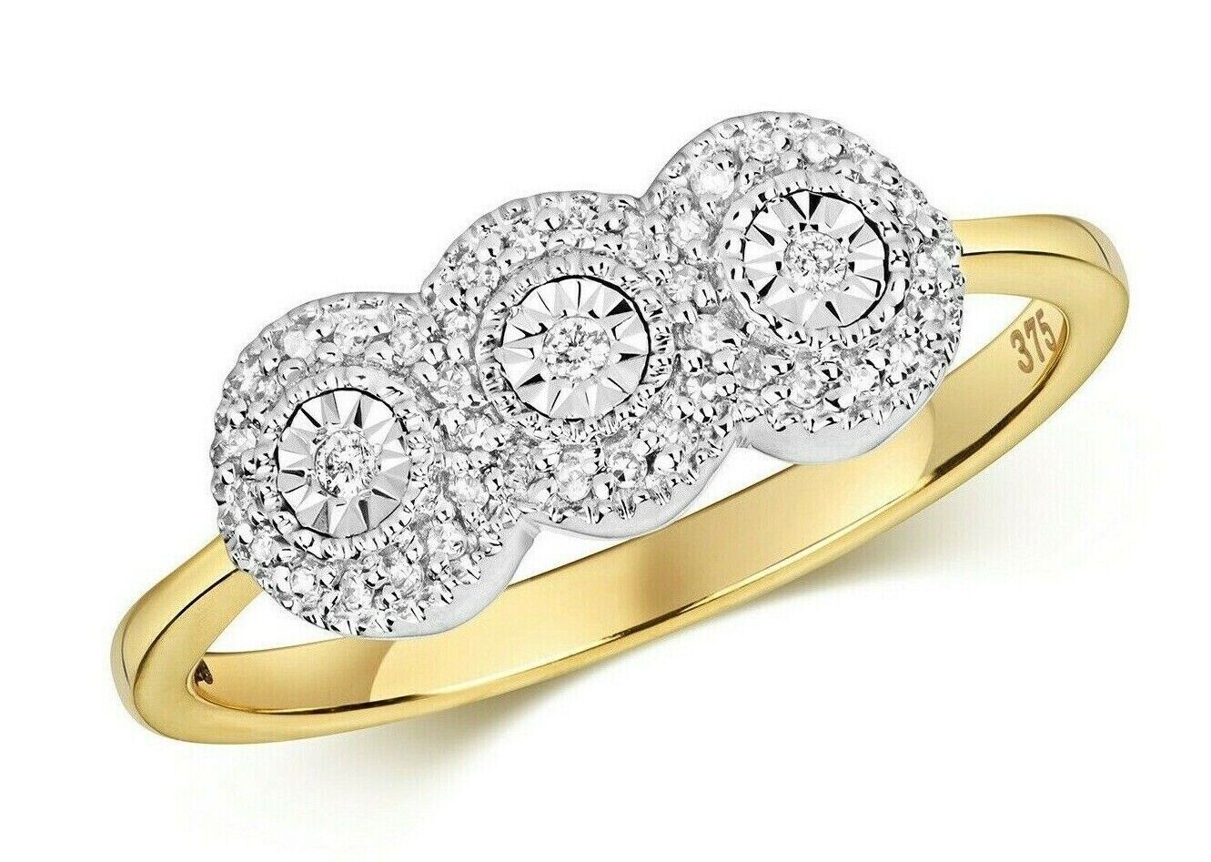 Real Diamond Ring Solid Yellow Gold Three Stone Trilogy Cluster Engagement