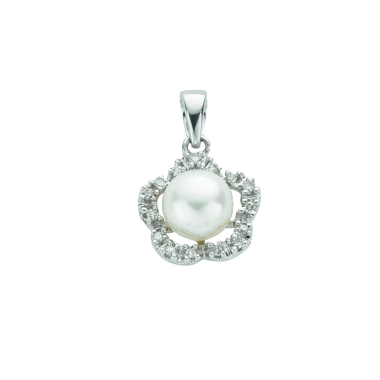9ct White Gold Freshwater Pearl and Diamond Flower Pendant