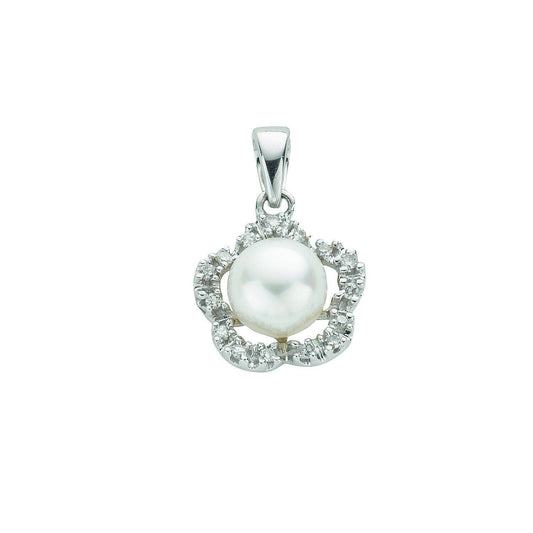 9ct White Gold Freshwater Pearl and Diamond Flower Pendant