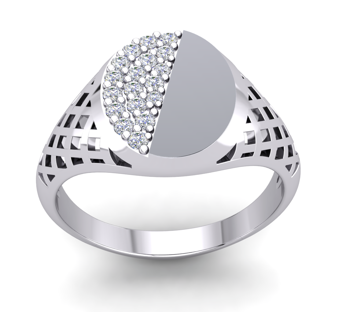 Gents Round Signet Ring Platinum Plated Solid Sterling Silver Pave Gemstones