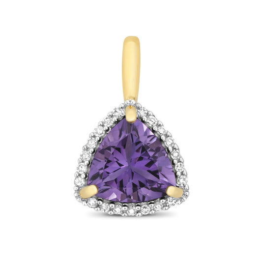 Amethyst and Diamond Trillion Pendant 9ct Yellow Gold Necklace Real Stones