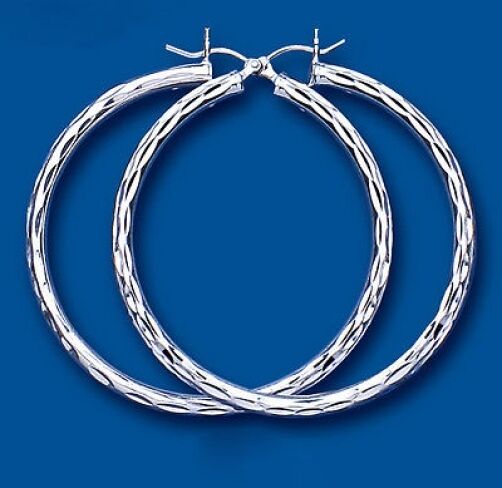 Silver Hoop Earrings Creole Sterling Silver Diamond Cut 45mm