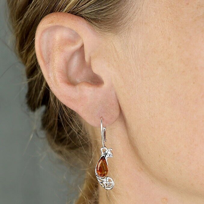 Cognac Amber Cute Cat Earrings Hinged Leverback Solid Sterling Silver 925