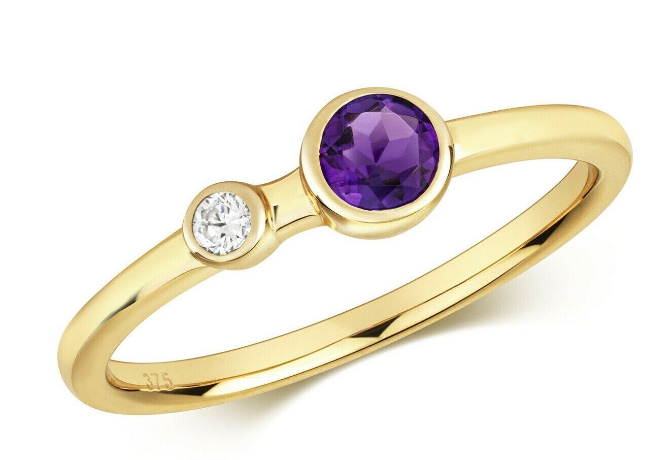 Real Amethyst and Diamond Ring Solid Yellow Gold Elegant Two Stone Ring Size J-Q