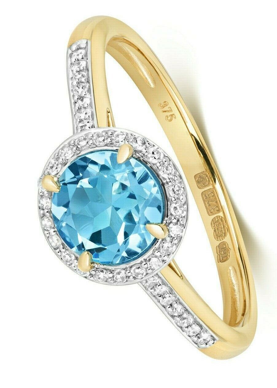 Real Swiss Blue Topaz and Diamond Ring Yellow Gold Engagement Size J - Q