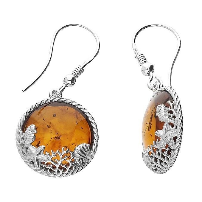 Cognac Amber Sea Life Pendant and Earrings Set Solid Sterling Silver 925