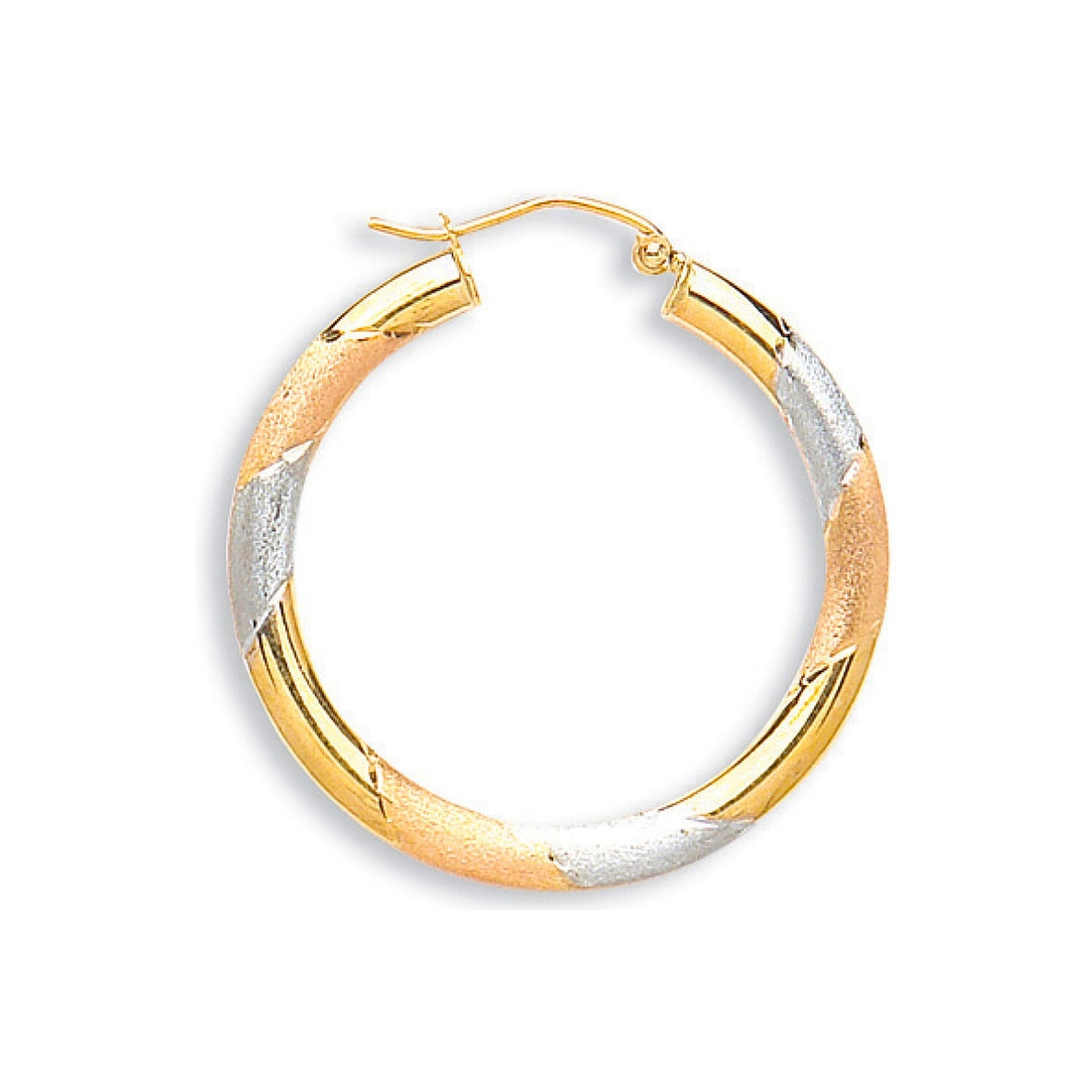 Three Colour Gold Hoop Earrings 30mm Diamond Cut Design Hallmarked Hoops