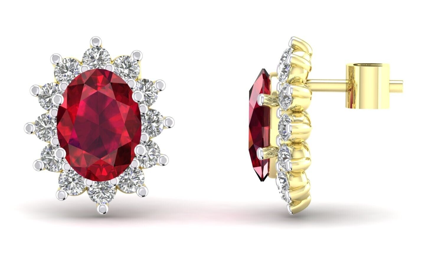 Ruby Oval Cluster Stud Earrings Solid 9ct Yellow Gold Claw Set Hallmarked
