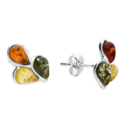 Mixed Amber Three Teardrop Stud Earrings Solid Sterling Silver 925