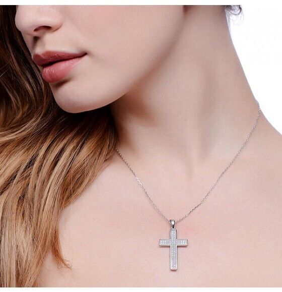 Pave Cross With Chain Solid Sterling Silver Luxurious Packaging