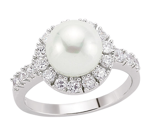 Freshwater Pearl Ring Solid Sterling Silver Platinum Finish Cluster