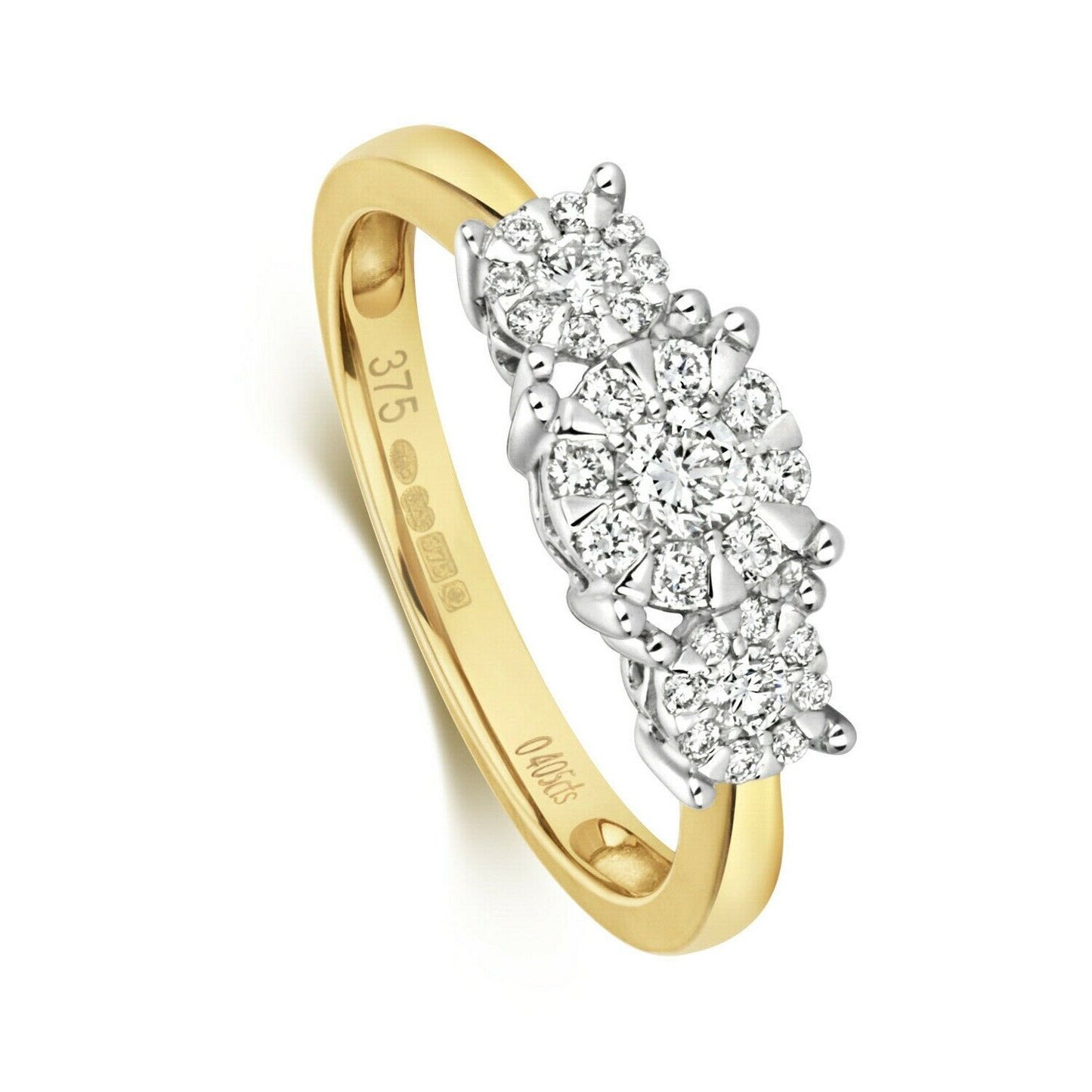 Real Diamond Three Cluster Ring 9ct Yellow Gold 0.41 carat of Diamonds