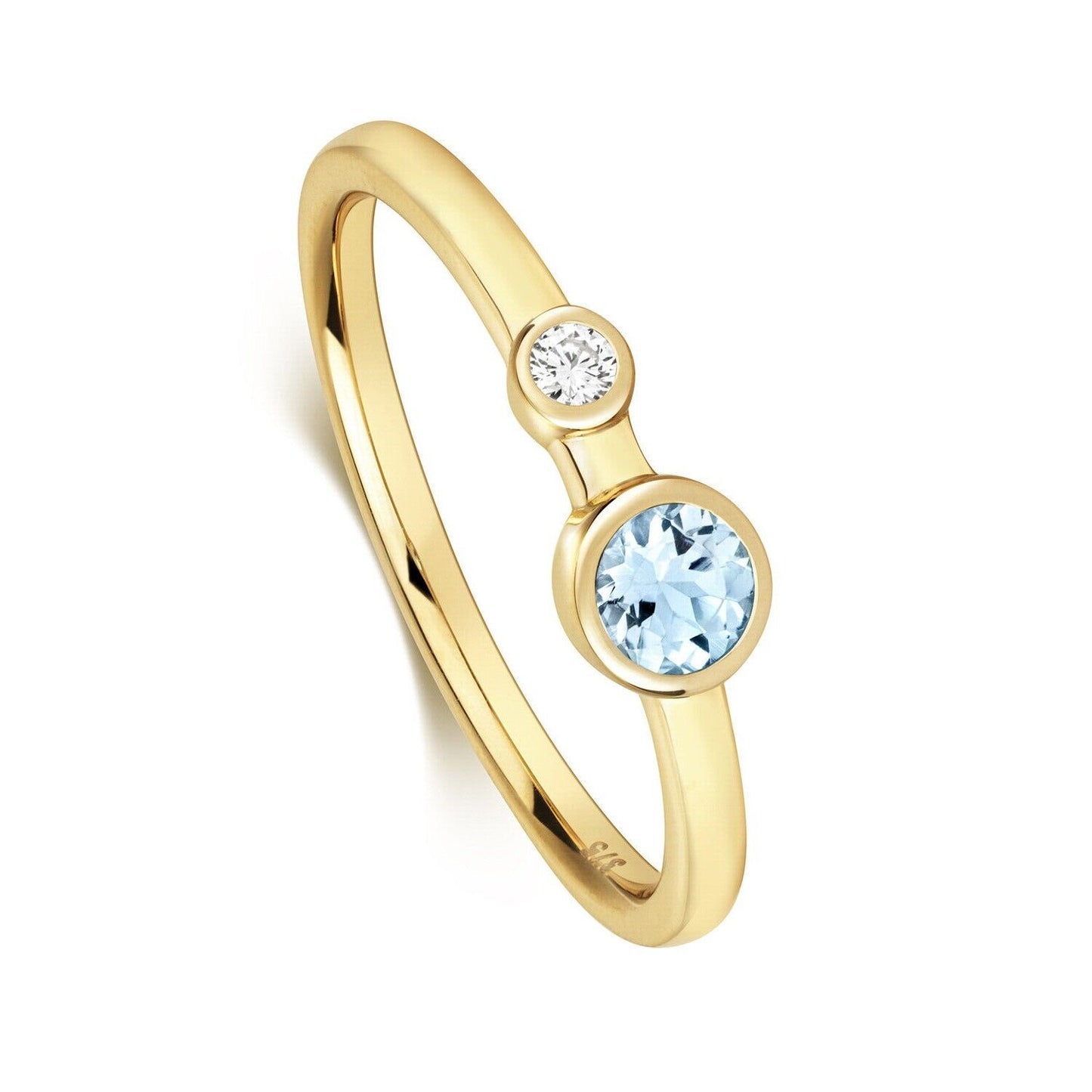 Real Aquamarine and Diamond Ring Solid Yellow Gold Two Stone Size J - Q