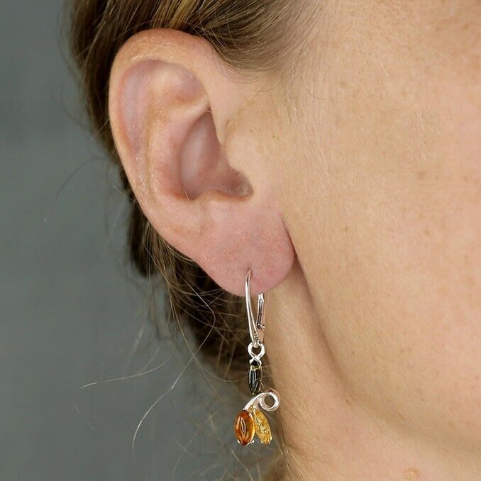 Mixed Amber Swirl Drop Earrings Solid Sterling Silver 925
