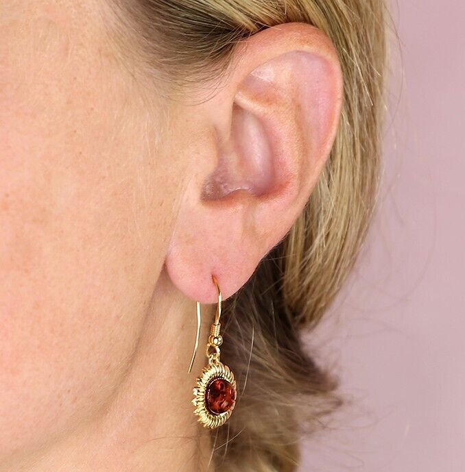 Cognac Amber Sunflower Drop Earrings 18ct Yellow Gold on Sterling Silver