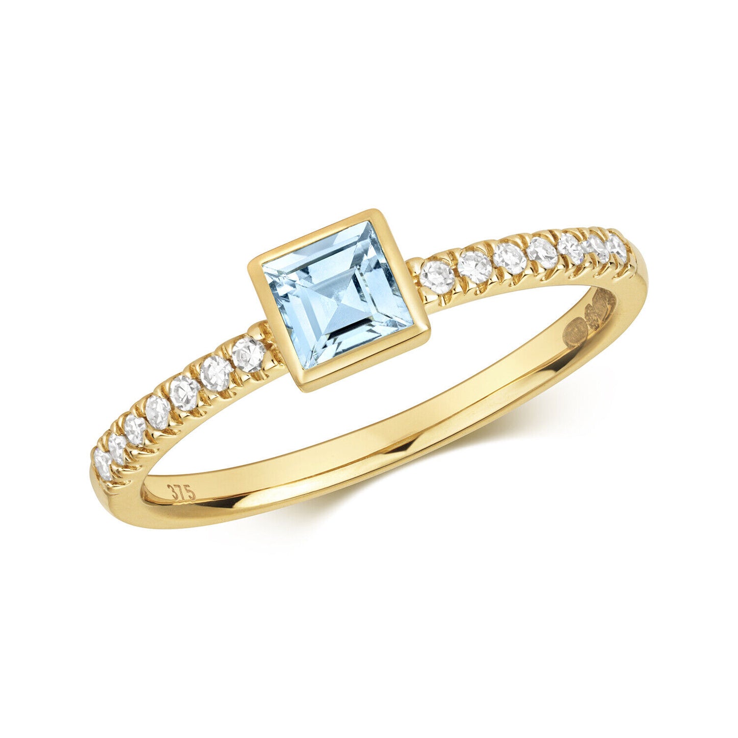 Real Aquamarine and Diamond Ring Solid Yellow Gold Square Solitaire Size J - Q