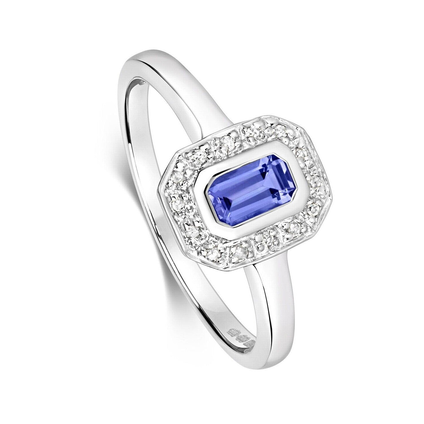 Real Tanzanite and Diamond Ring Solid White Gold Emerald Cut Cluster Size J - Q