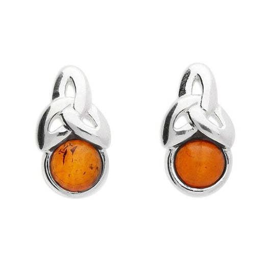 Cognac Amber Celtic Trefoil Knot Stud Earrings Solid Sterling Silver 925