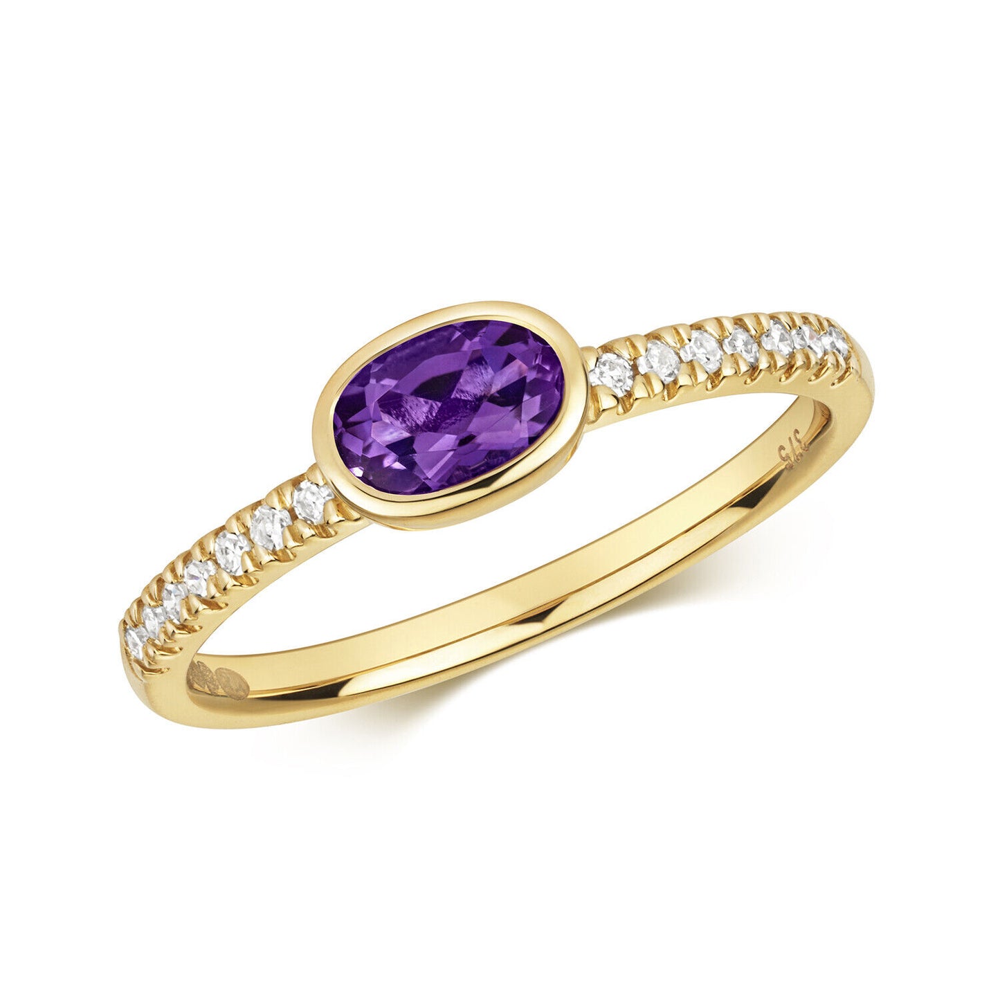 Real Amethyst and Diamond Ring Solid Yellow Gold Oval Solitaire Size J - Q