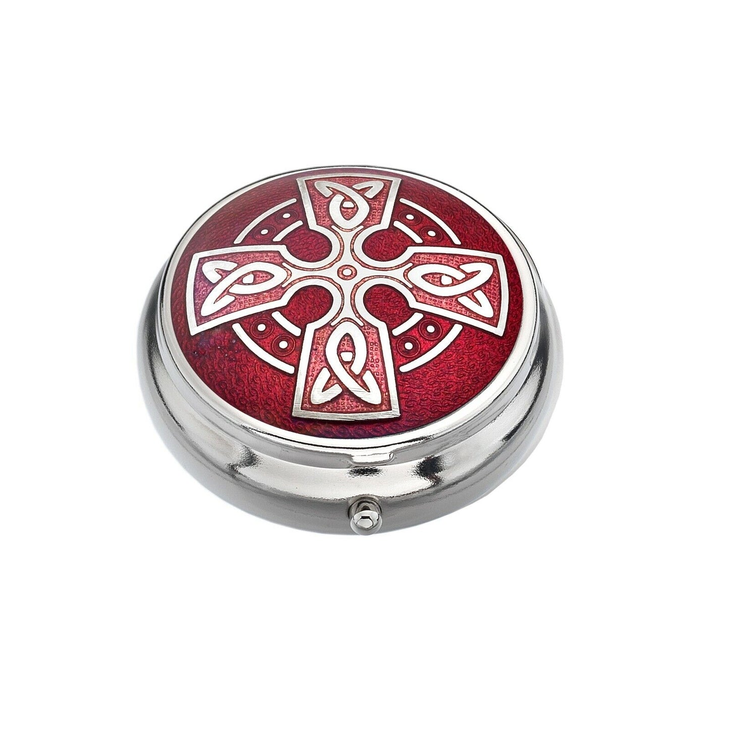 Pillbox Silver Plated Cross Head Celtic Design Red Brand New and Boxed