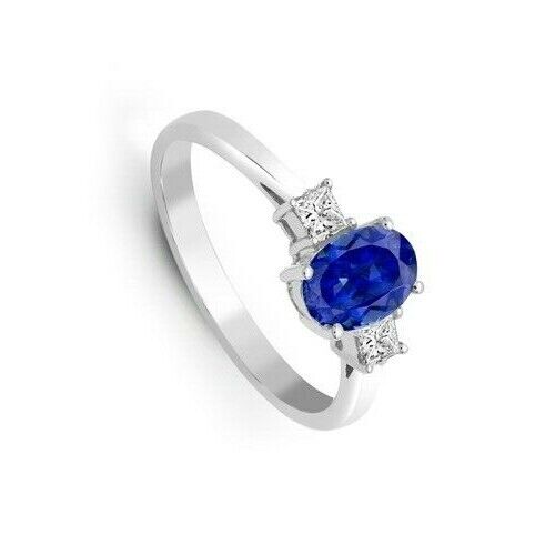 Real Sapphire and Diamond Ring 18ct White Gold Three Stone Trilogy Engagement