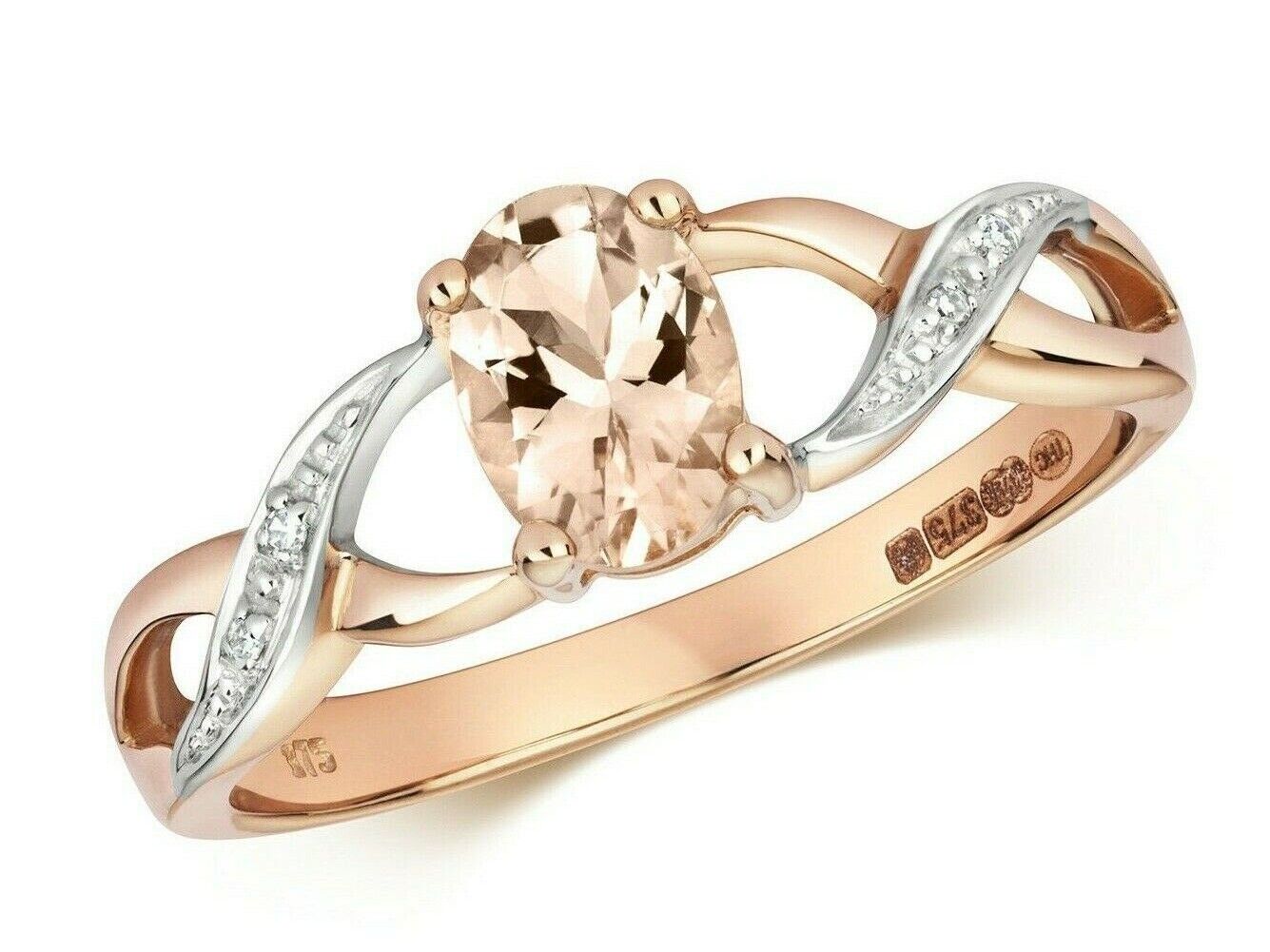 Real Morganite and Diamond Ring Solid Rose Gold Twist Shoulders Size J - Q