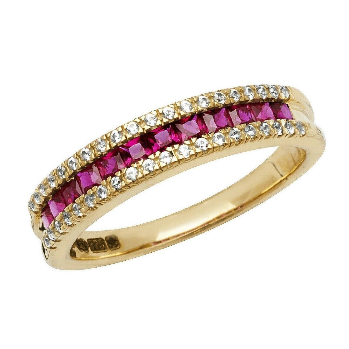 Yellow Gold Ruby Eternity Ring White Sapphire Band Hallmark British Size M-R