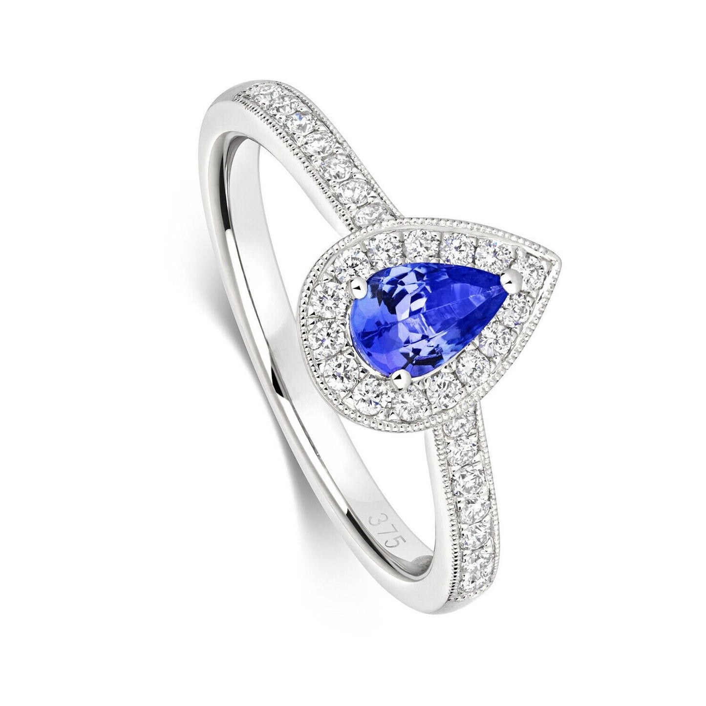 Real Tanzanite and Diamond Ring 9ct White Gold Pear Teardrop Cluster Size J - Q