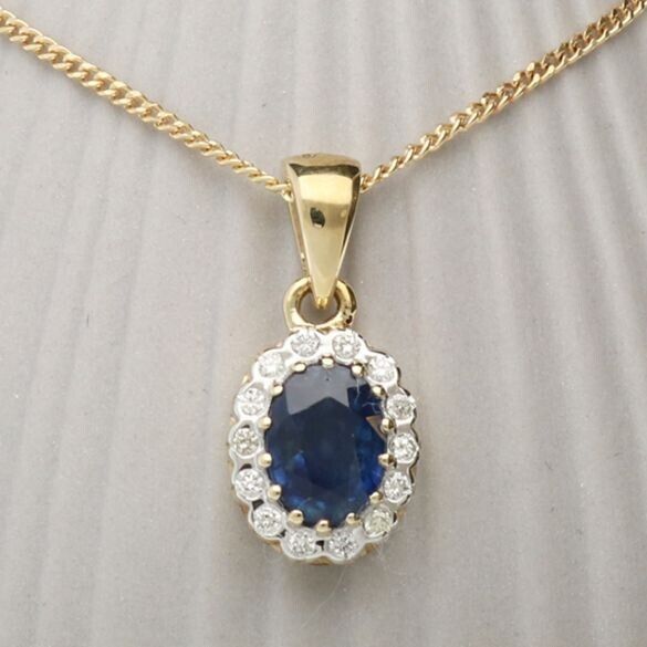 9ct Yellow Gold Sapphire and Diamond Oval Pendant and Chain