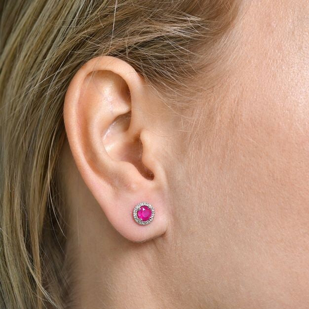 9ct White Gold Ruby and Diamond Round Earrings 8.3mm Diameter Hallmarked