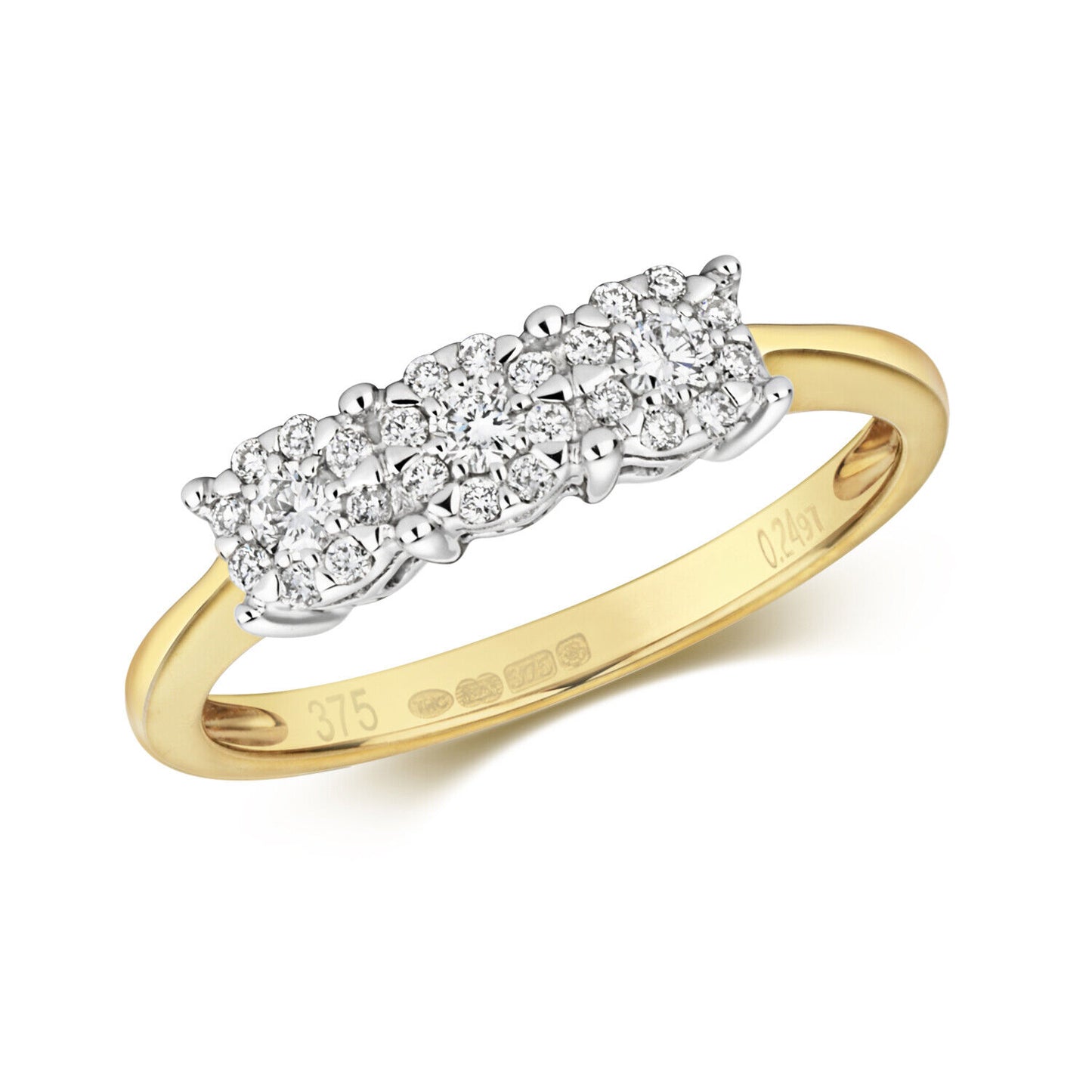 Real Diamond Ring Three Stone Cluster 9ct Yellow Gold Trilogy 0.24ctw Size J-Q
