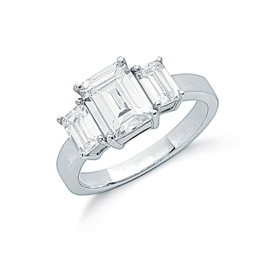 Sterling Silver Claw Set Emerald Cut Zircon Trilogy Ring 925 Hallmark Size J - Q