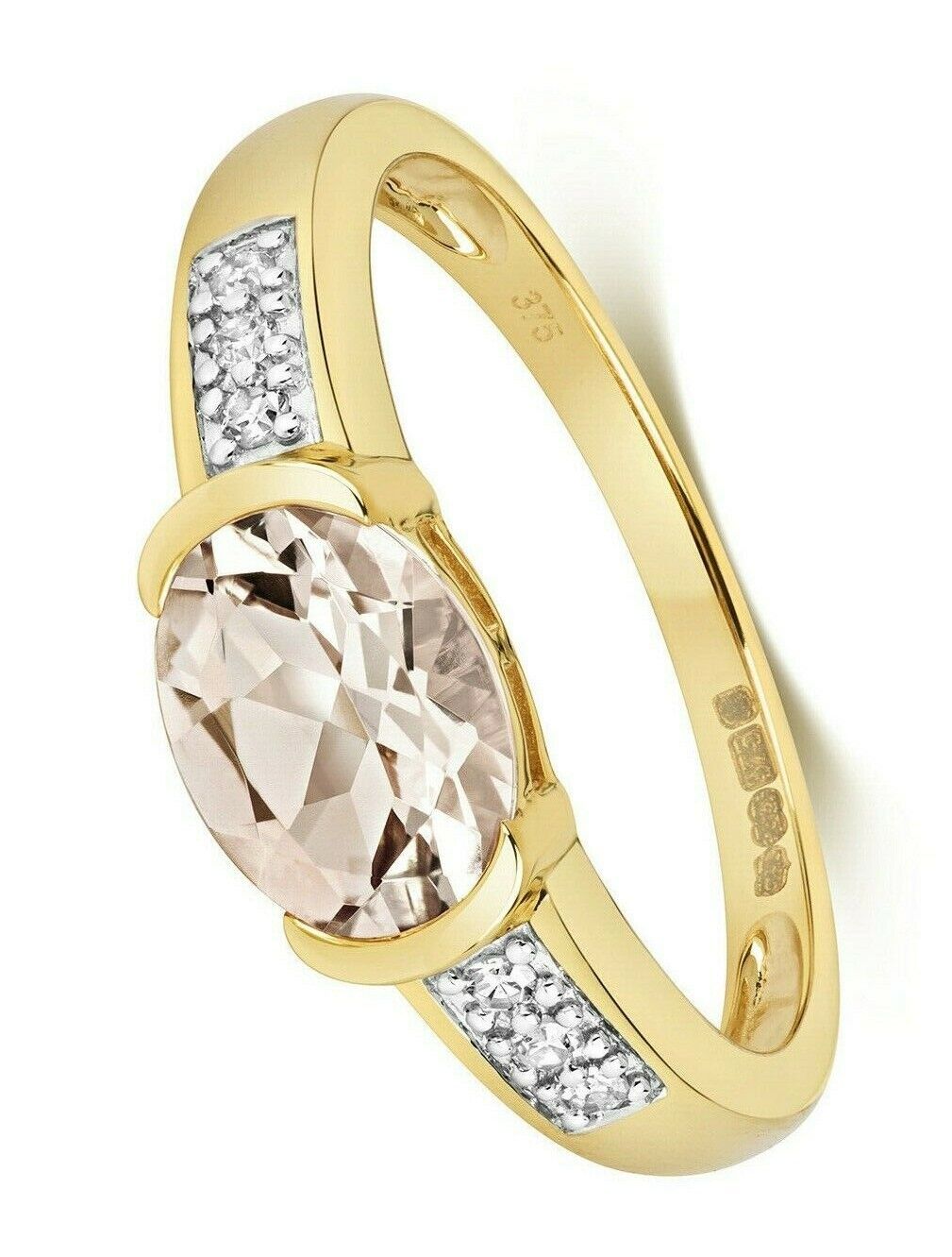 9ct Yellow Gold Morganite and Diamond Ring Oval Solitaire Size J K L M N O P Q