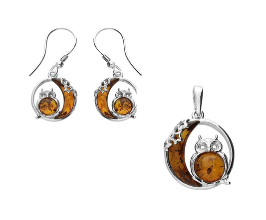 Cognac Amber Owl and Moon Pendant and Earrings Set Solid Sterling Silver 925