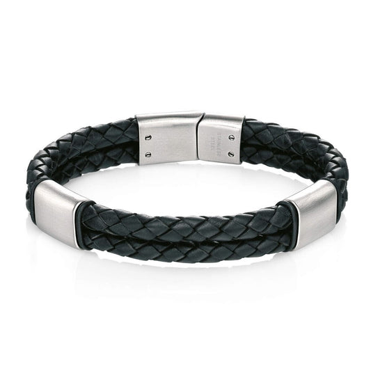 Fred Bennett Black Leather Bracelet with Stainless Steel Sections Free Engraving
