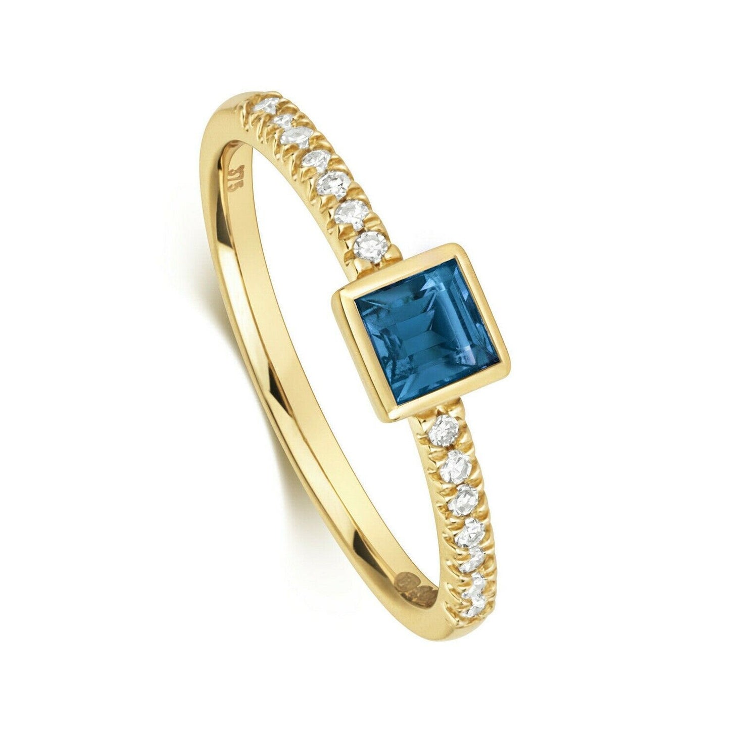 Real London Blue Topaz and Diamond Ring Solid Yellow Gold Square Solitaire