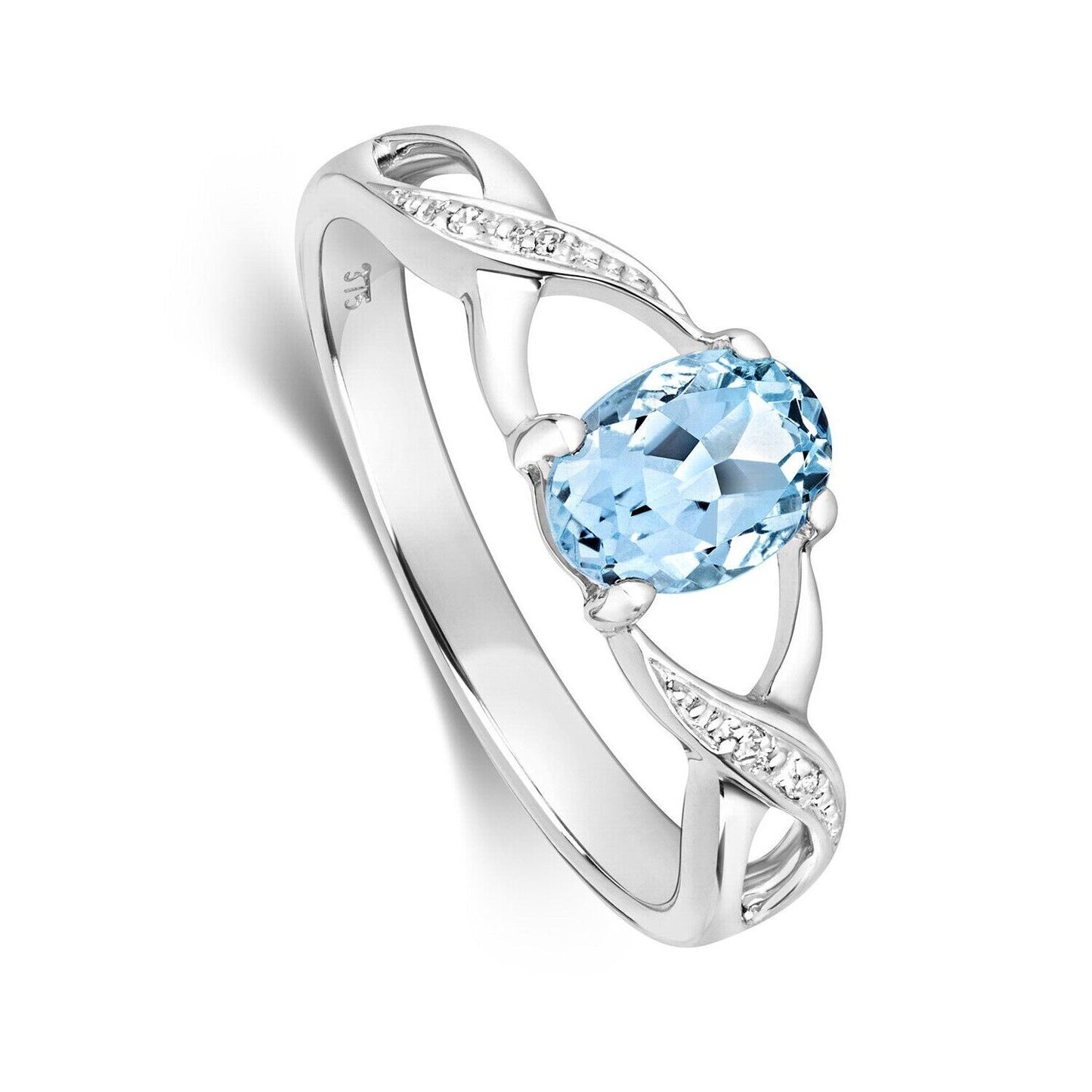 9ct White Gold Aquamarine and Diamond Ring Oval Solitaire Twist Shoulders