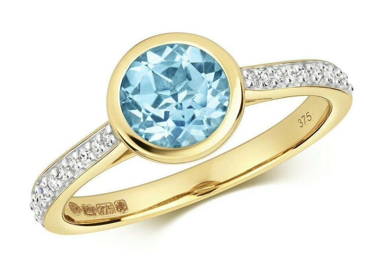 Real Swiss Blue Topaz and Diamond Ring Solid Yellow Gold Solitaire Size JKLMNOPQ