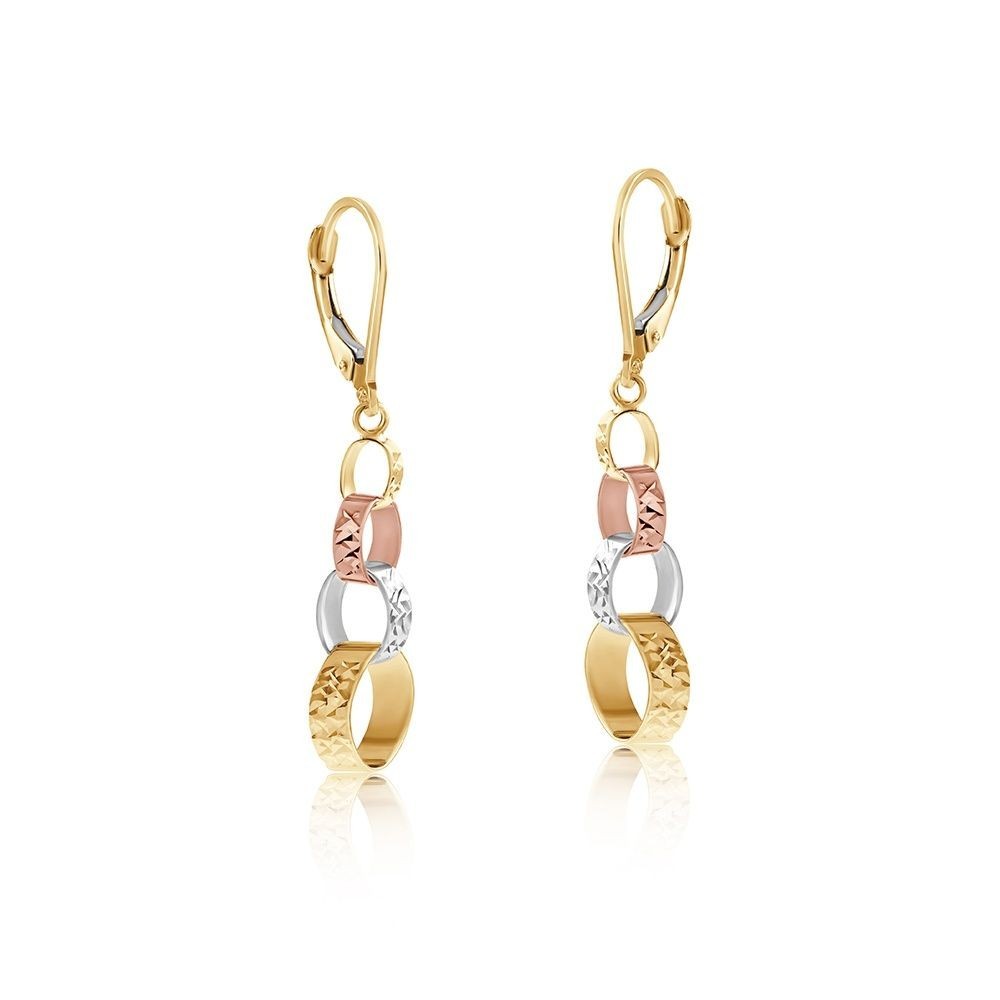 Three Colour Interlink Drop Earrings 9ct Yellow White and Rose Drops Hallmarked