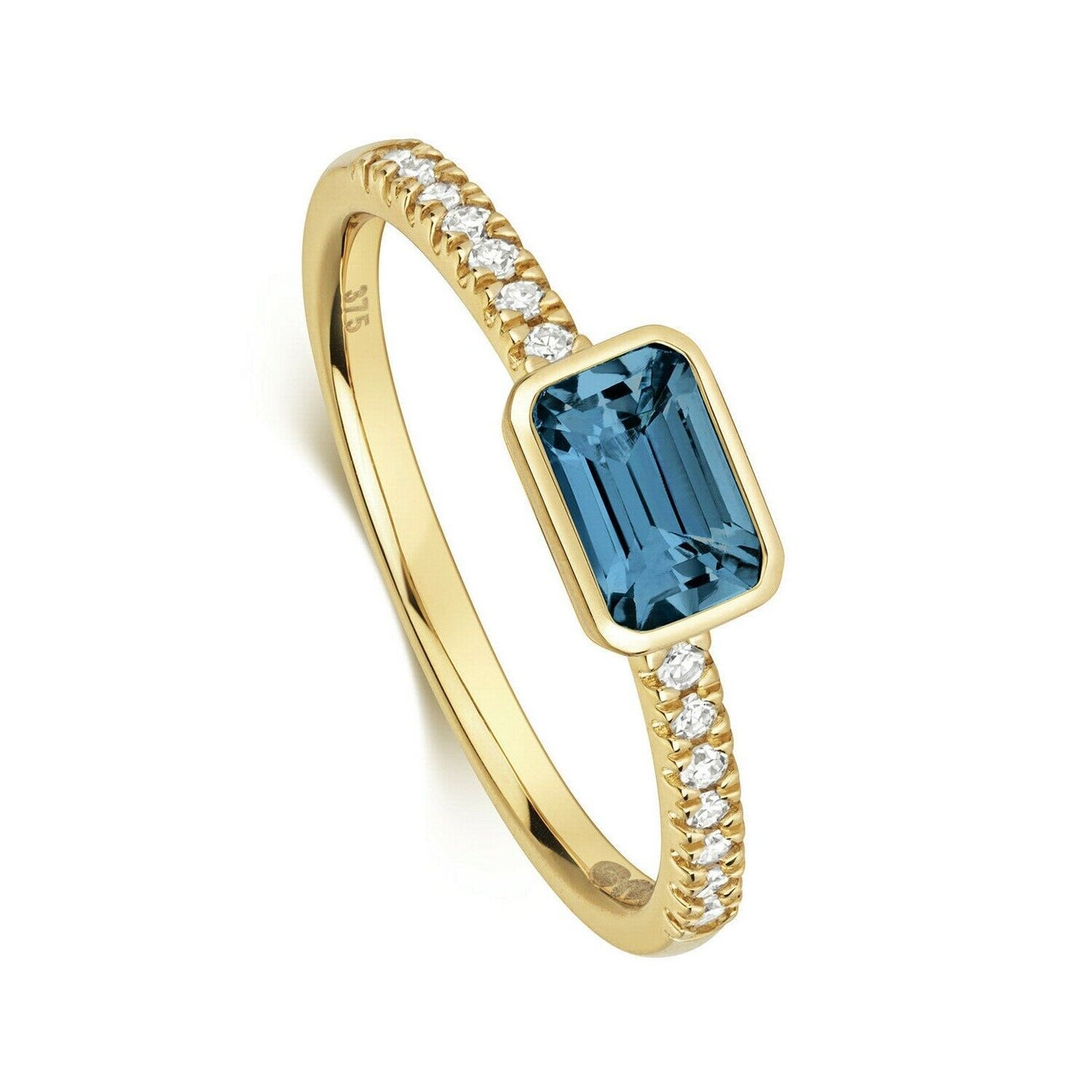 9ct Yellow Gold London Blue Topaz and Diamond Ring Emerald Cut Smooth Solitaire