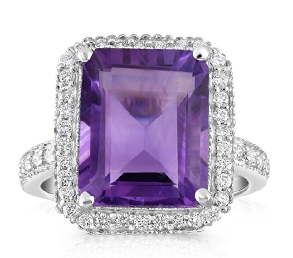 Real Amethyst and Diamond ring 9ct White Gold Cocktail Statement Size K - Q